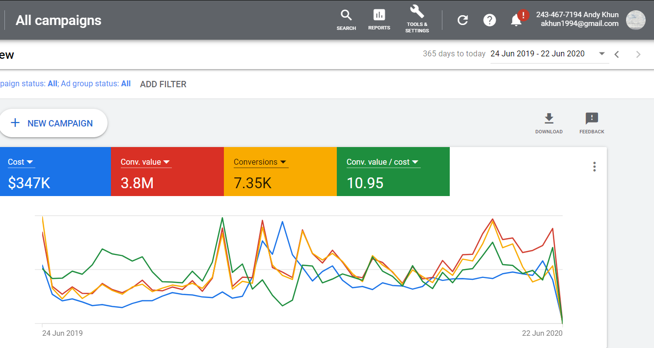 Generating $3.8M at a whopping 10.95 ROAS over a year using Google Ads screenshot